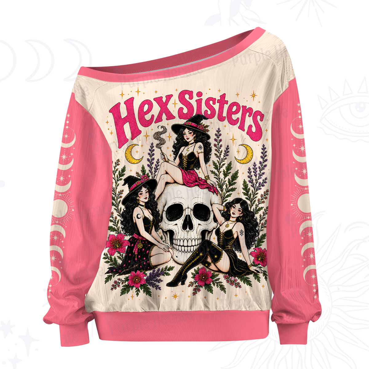 Purplehecate Hex Sisters Witch Skull Off The Shoulder Graphic Jersey