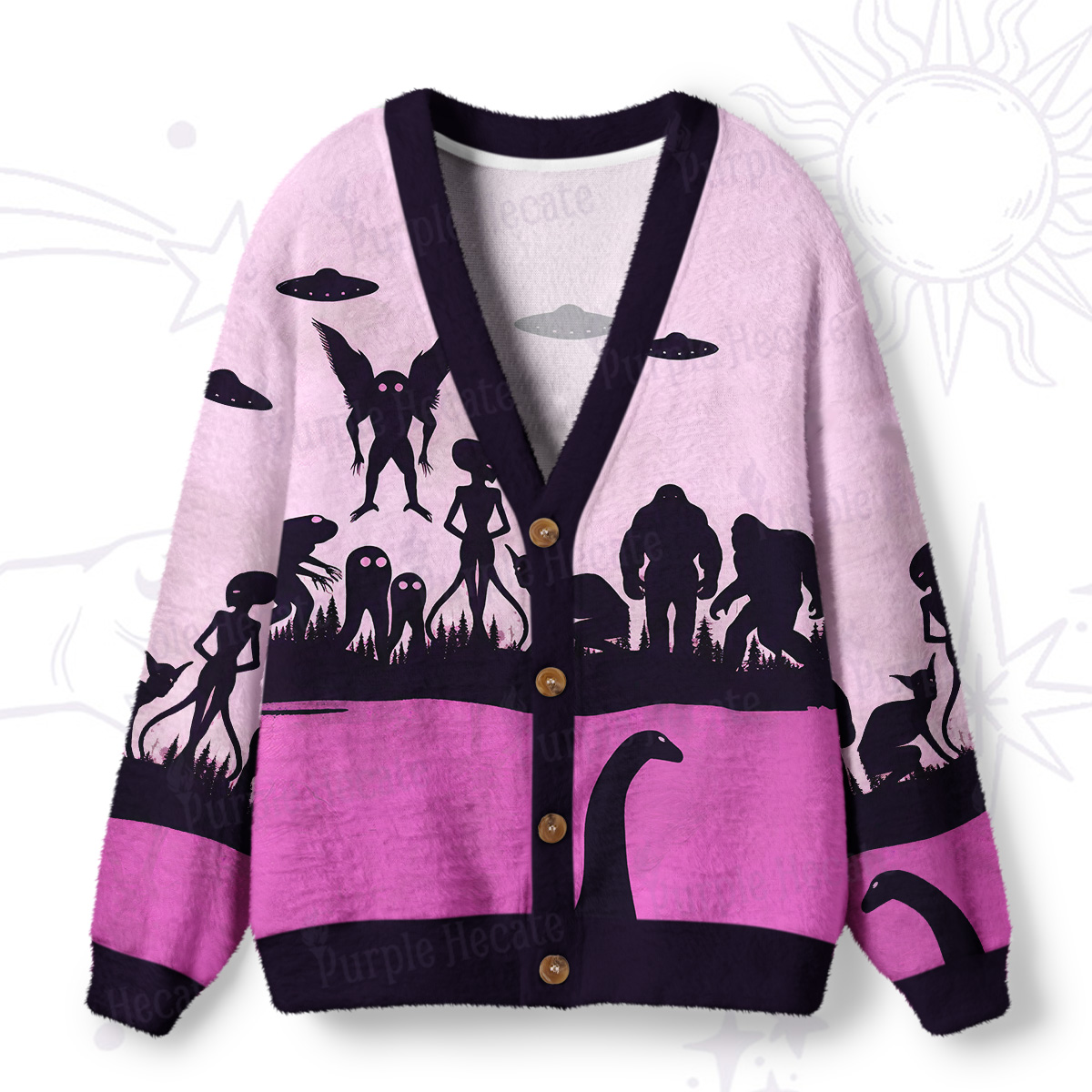 Purplehecate Alien Lake Monster Encounter Ugly Cardigan Sweaters