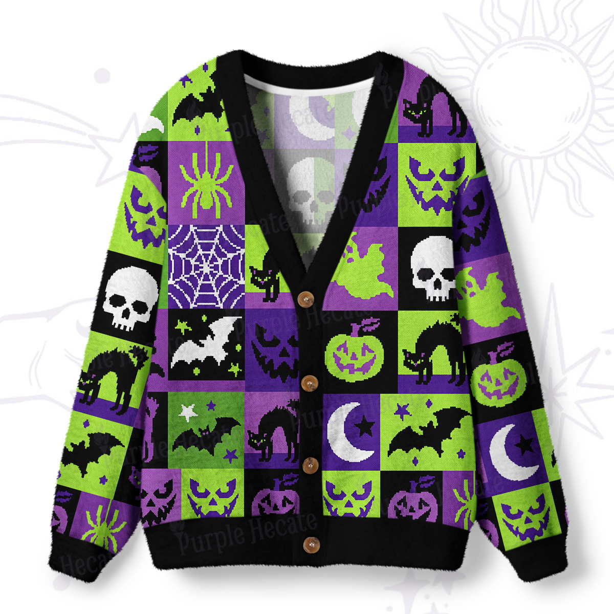 Purplehecate Spooky Patchwork Halloween Ugly Cardigan Sweaters