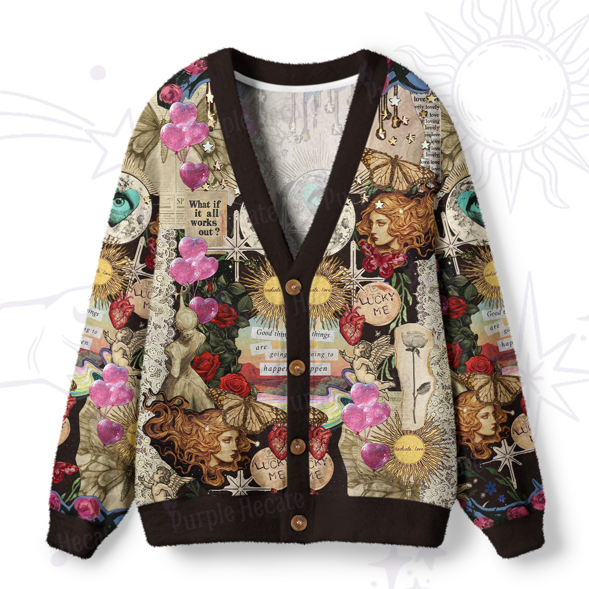Purplehecate Lucky Me Sacred Heart Eye Ugly Cardigan Sweaters