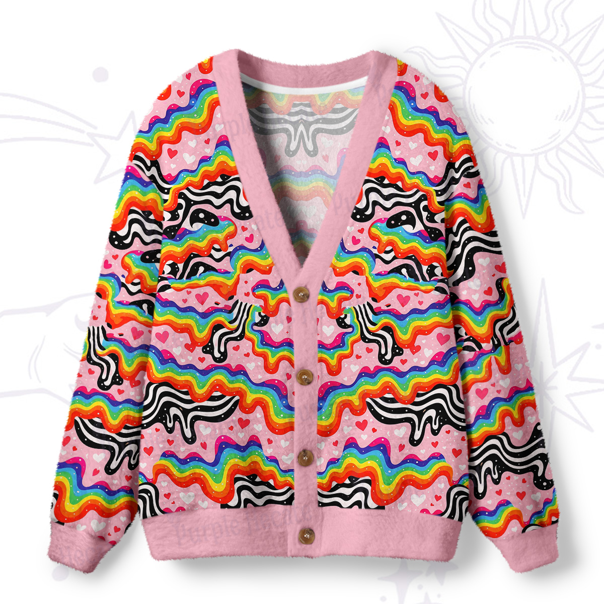 Purplehecate Groovy Melty Rainbow Hearts Wavy Ugly Cardigan Sweaters
