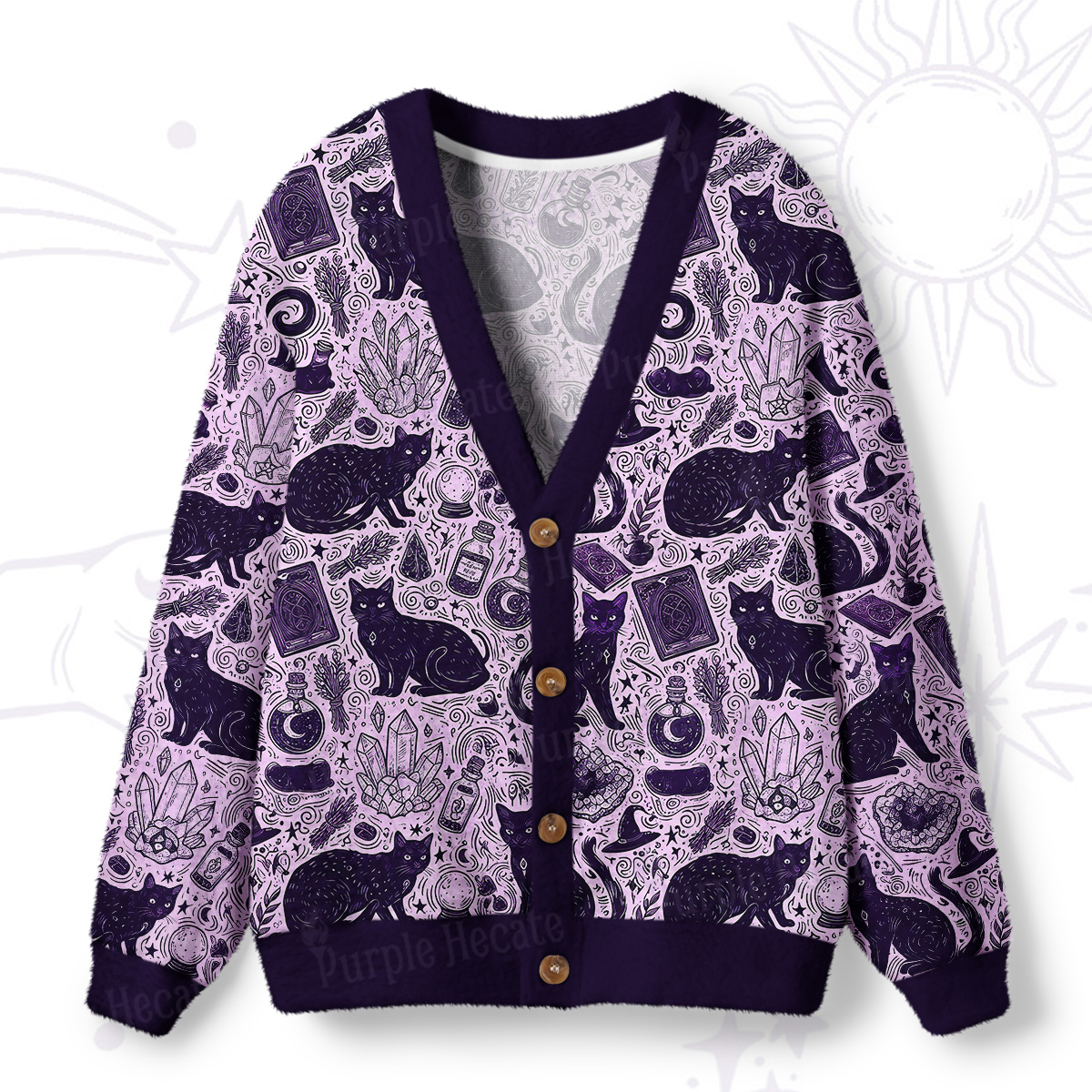 Purplehecate Midnight Black Cat Witch Potion Ugly Cardigan Sweaters