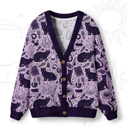 Purplehecate Midnight Black Cat Witch Potion Ugly Cardigan Sweaters