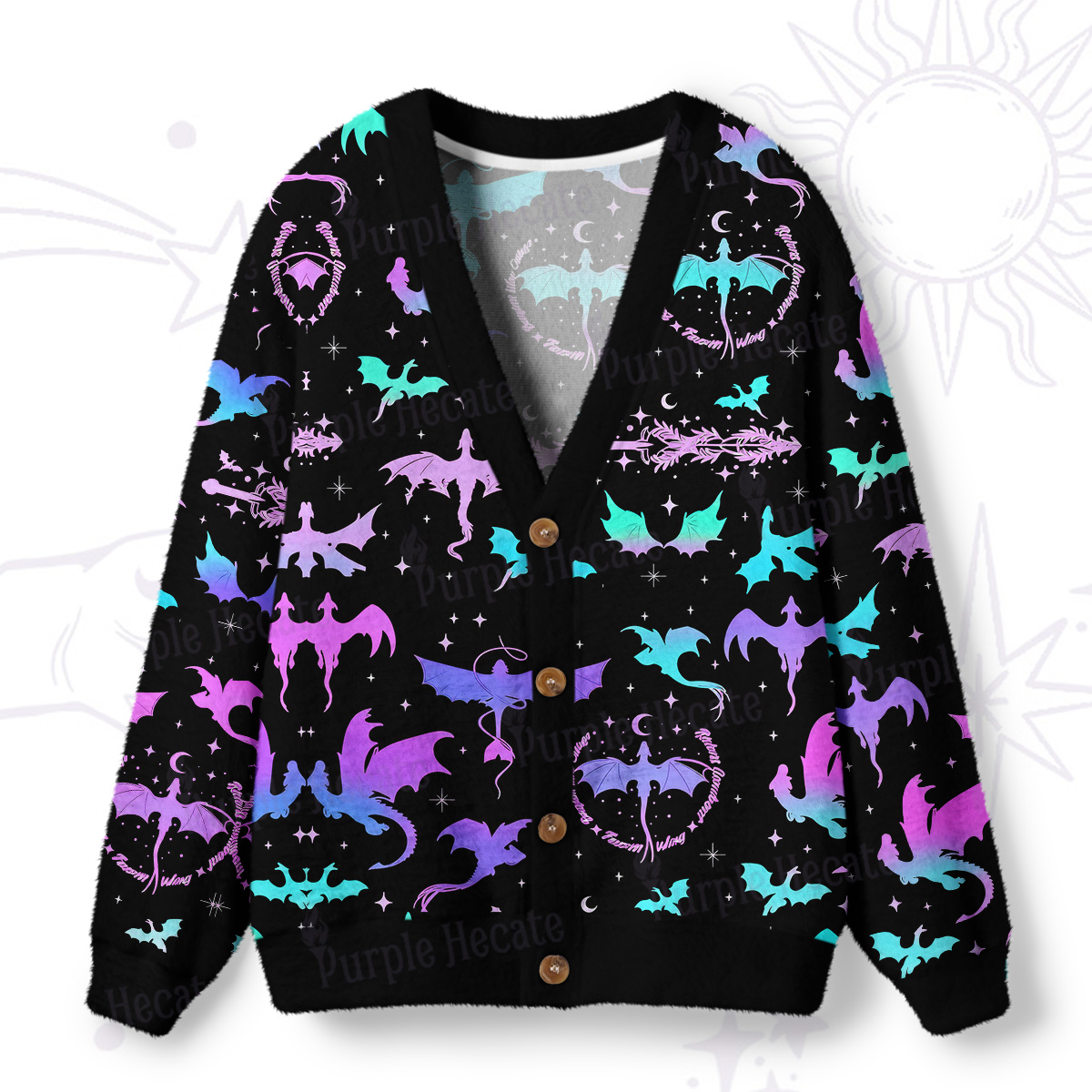 Purplehecate Neon Fantasy Dragon Allover Ugly Cardigan Sweaters