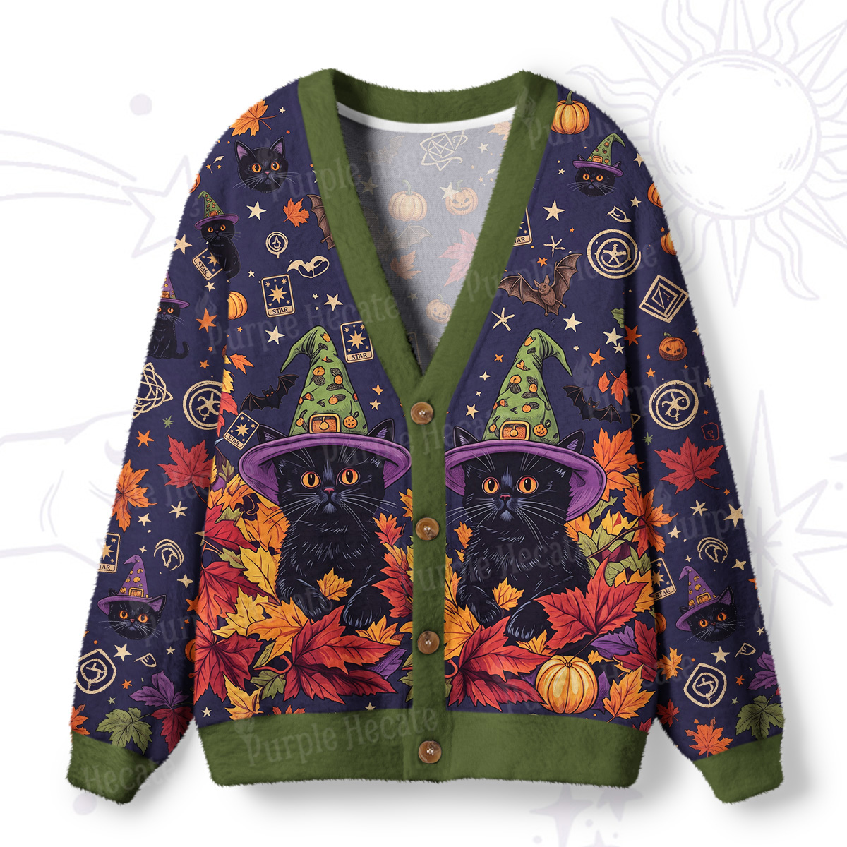 Purplehecate Magical Black Cats of the Harvest Night Ugly Cardigan Sweaters