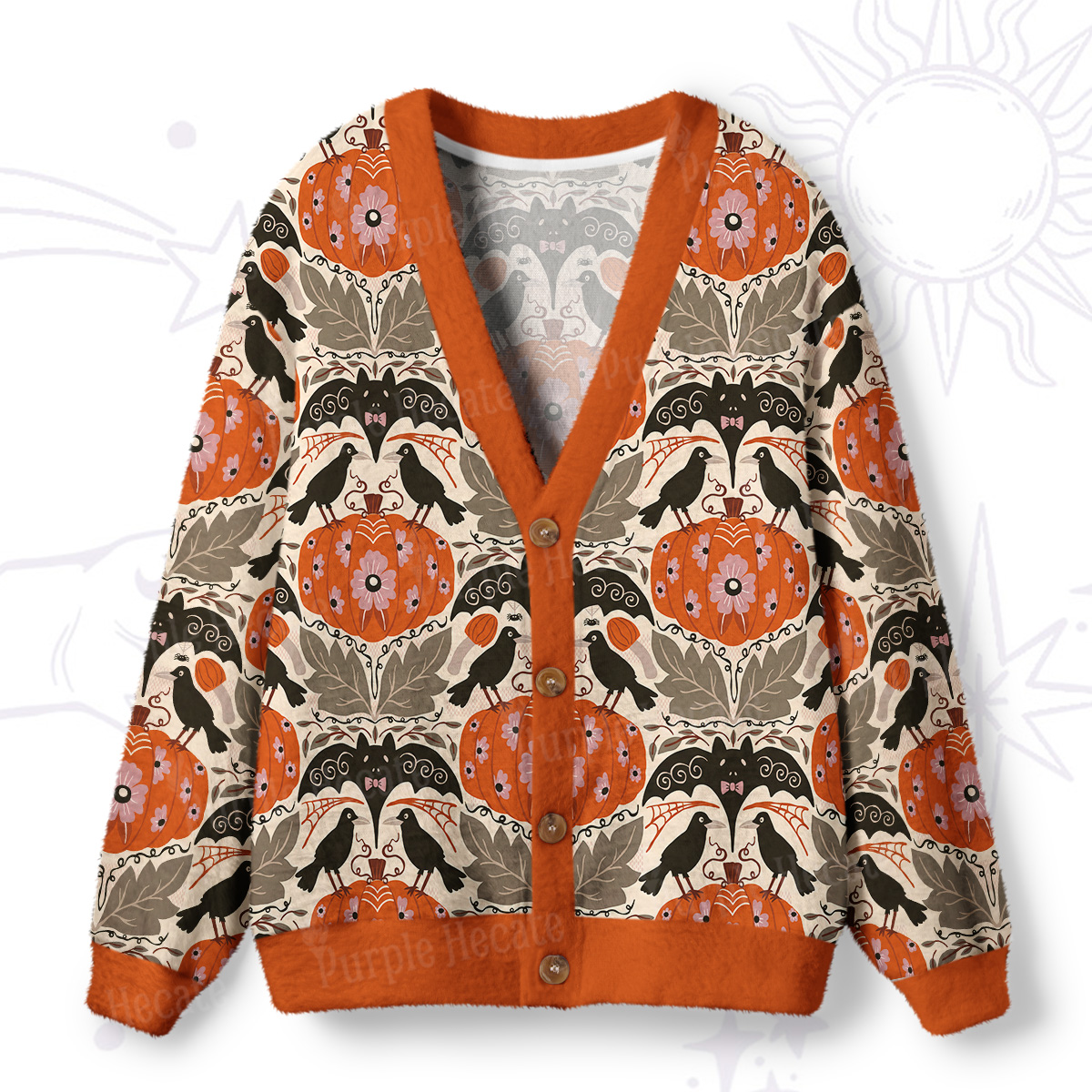 Purplehecate Ravens and Bats Beneath the Harvest Pumpkins Ugly Cardigan Sweaters