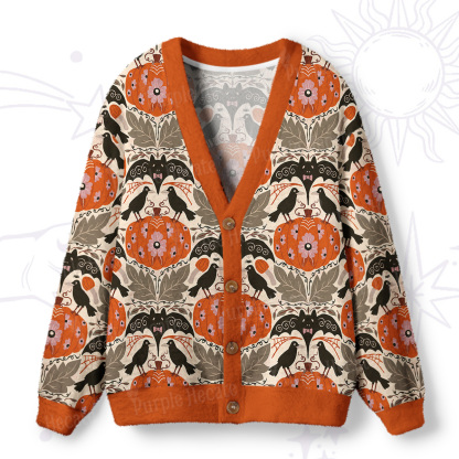 Purplehecate Ravens and Bats Beneath the Harvest Pumpkins Ugly Cardigan Sweaters