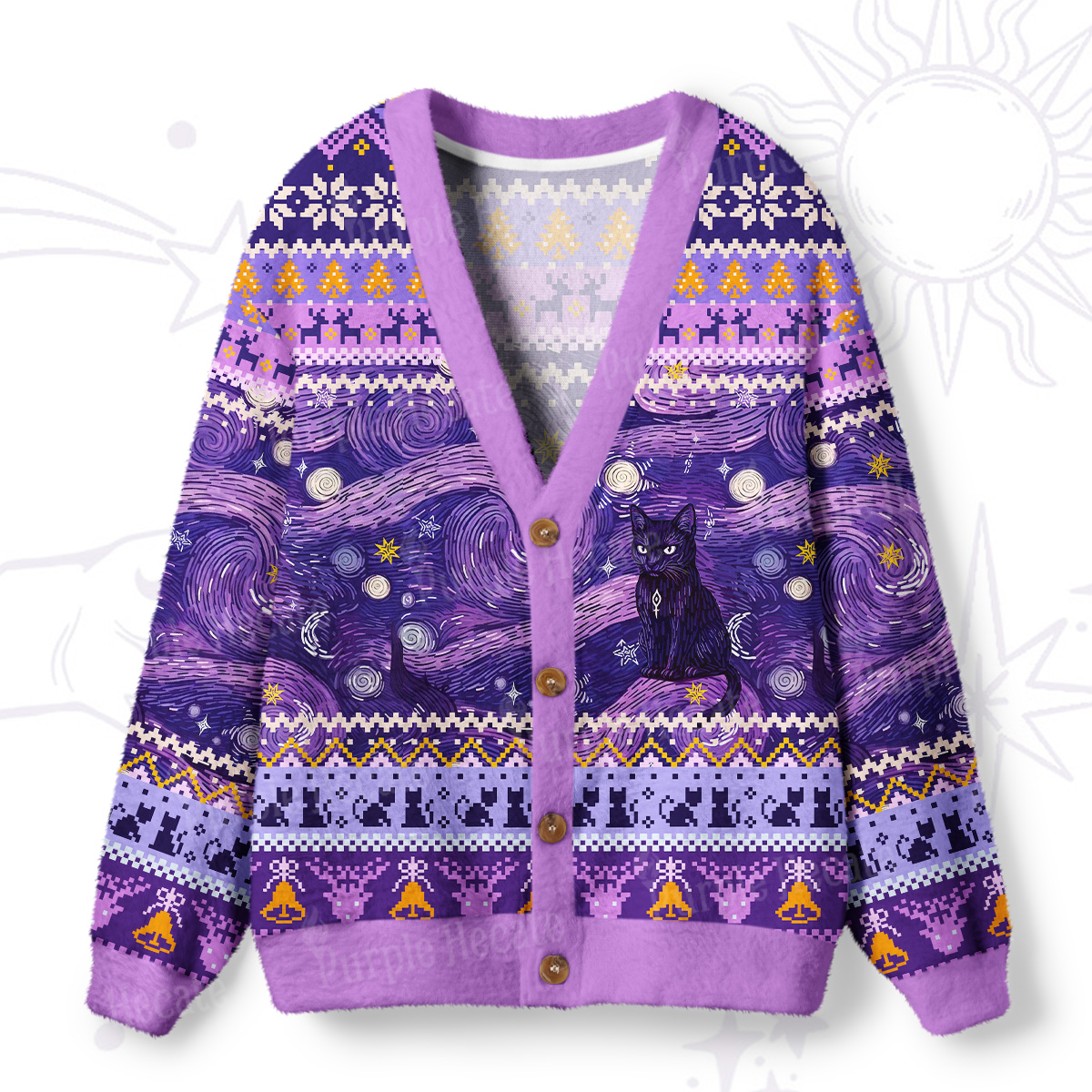 Purplehecate Mystic Cat Beneath the Cosmic Veil Ugly Cardigan Sweaters