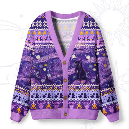 Purplehecate Mystic Cat Beneath the Cosmic Veil Ugly Cardigan Sweaters