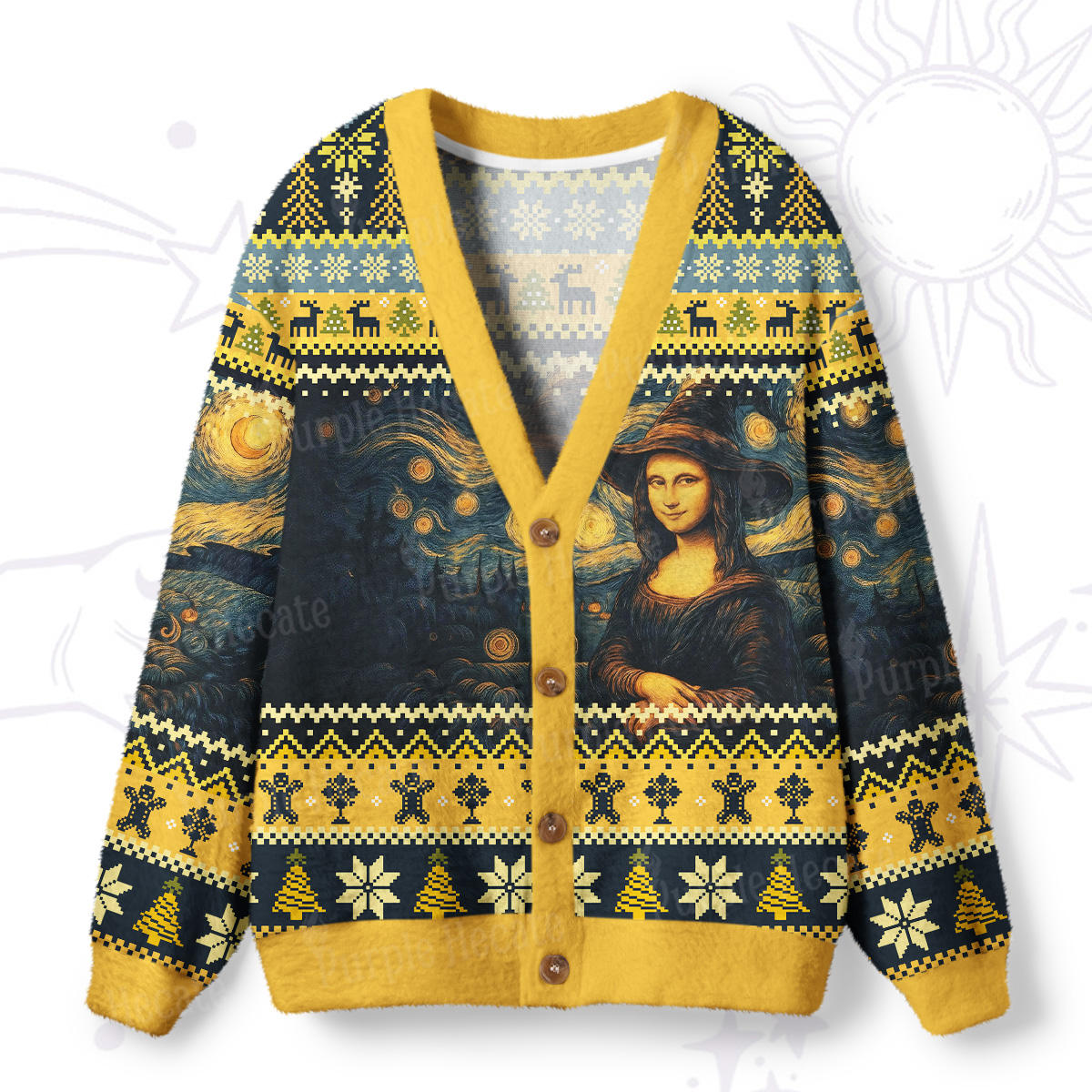 Purplehecate Mona Lisa Under the Starry Sky Ugly Cardigan Sweaters