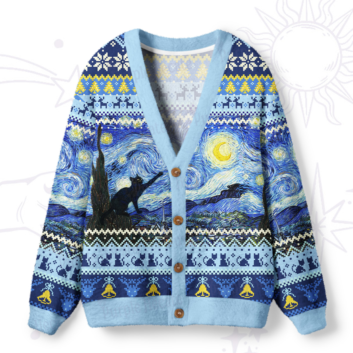 Purplehecate Witch Cat Under the Starry Night Ugly Cardigan Sweaters