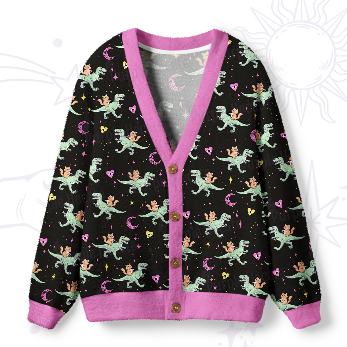 Purplehecate Witch Cat Rides the Dino Ugly Cardigan Sweaters