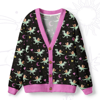 Purplehecate Witch Cat Rides the Dino Ugly Cardigan Sweaters