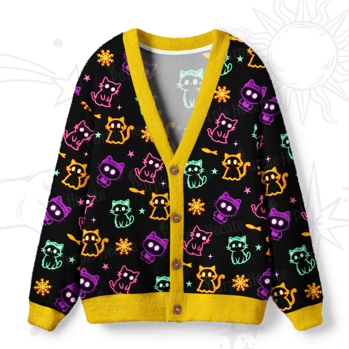 Purplehecate Neon Cat Party Ugly Cardigan Sweaters