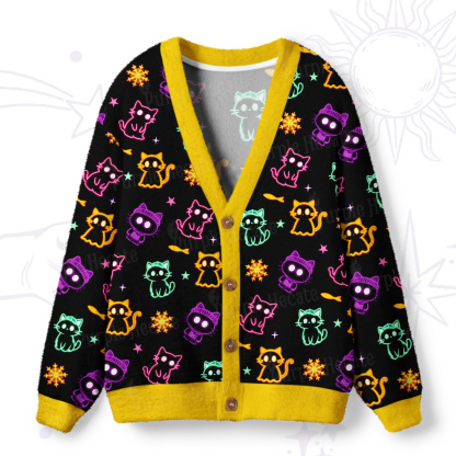 Purplehecate Neon Cat Party Ugly Cardigan Sweaters