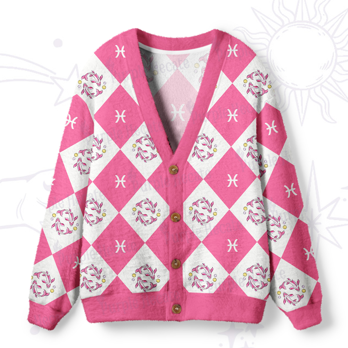 Purplehecate Pisces Spirit Zodiac Ugly Cardigan Sweaters