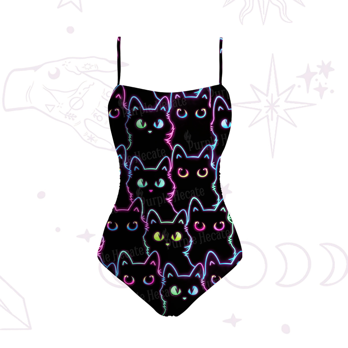 Purplehecate Neon Glow Stacked Cats Slim-Strap Swimsuit