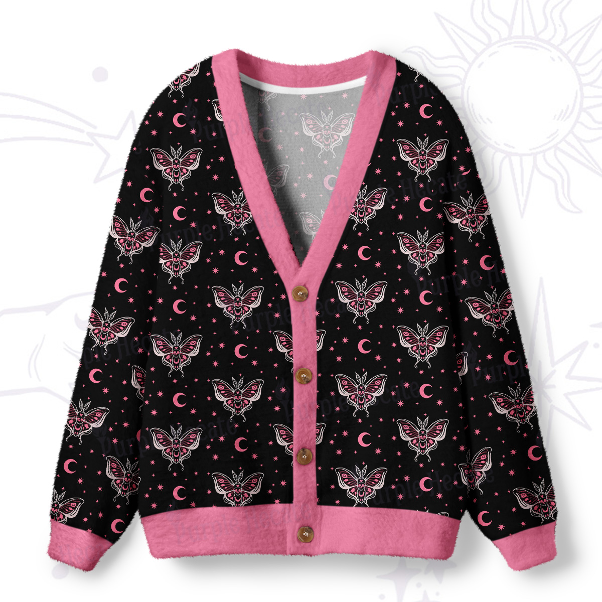 Purplehecate Witchy Lunar Moth Night Ugly Cardigan Sweaters