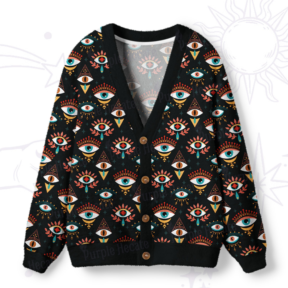 Purplehecate Evil Eye Pattern Ugly Cardigan Sweaters