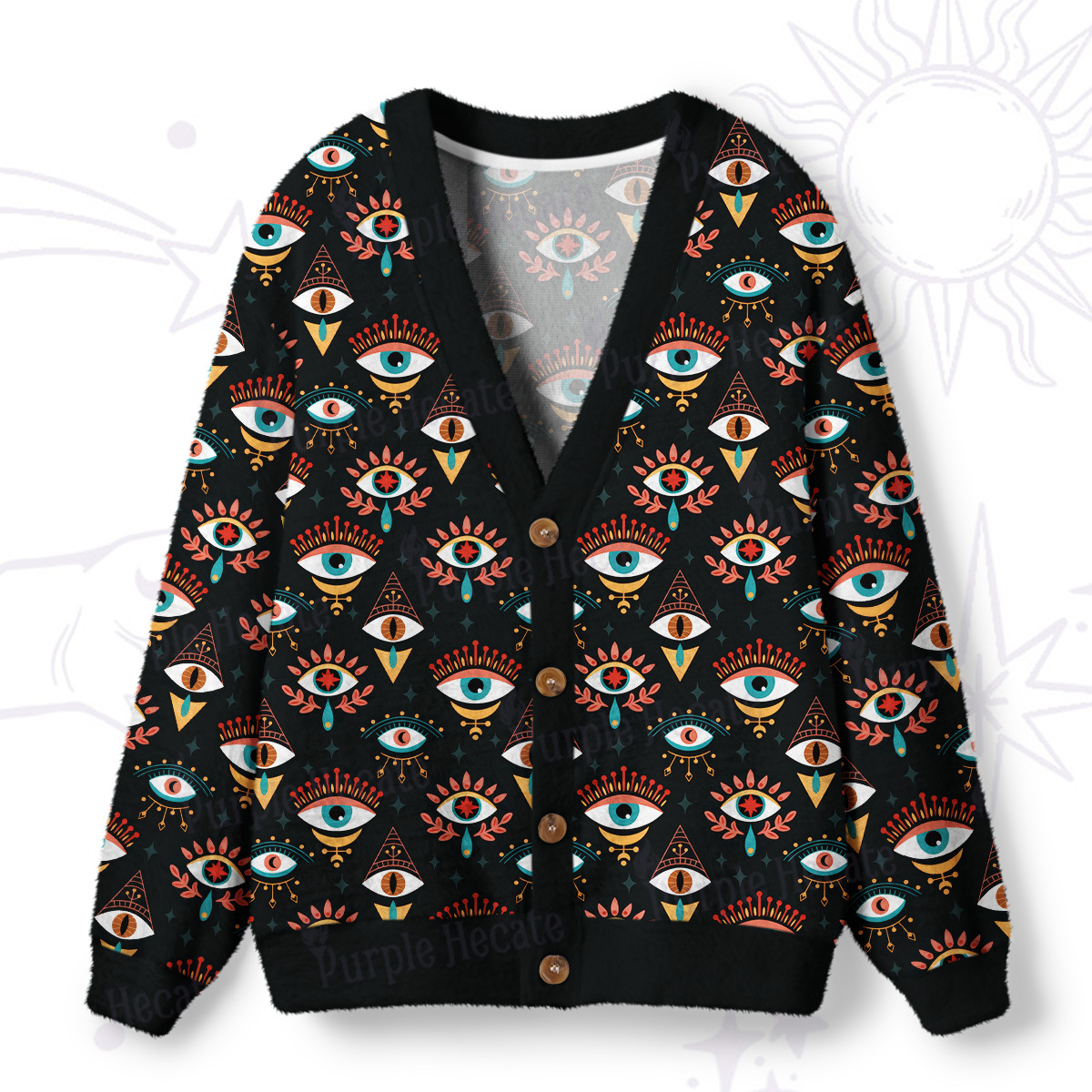 Purplehecate Evil Eye Pattern Ugly Cardigan Sweaters