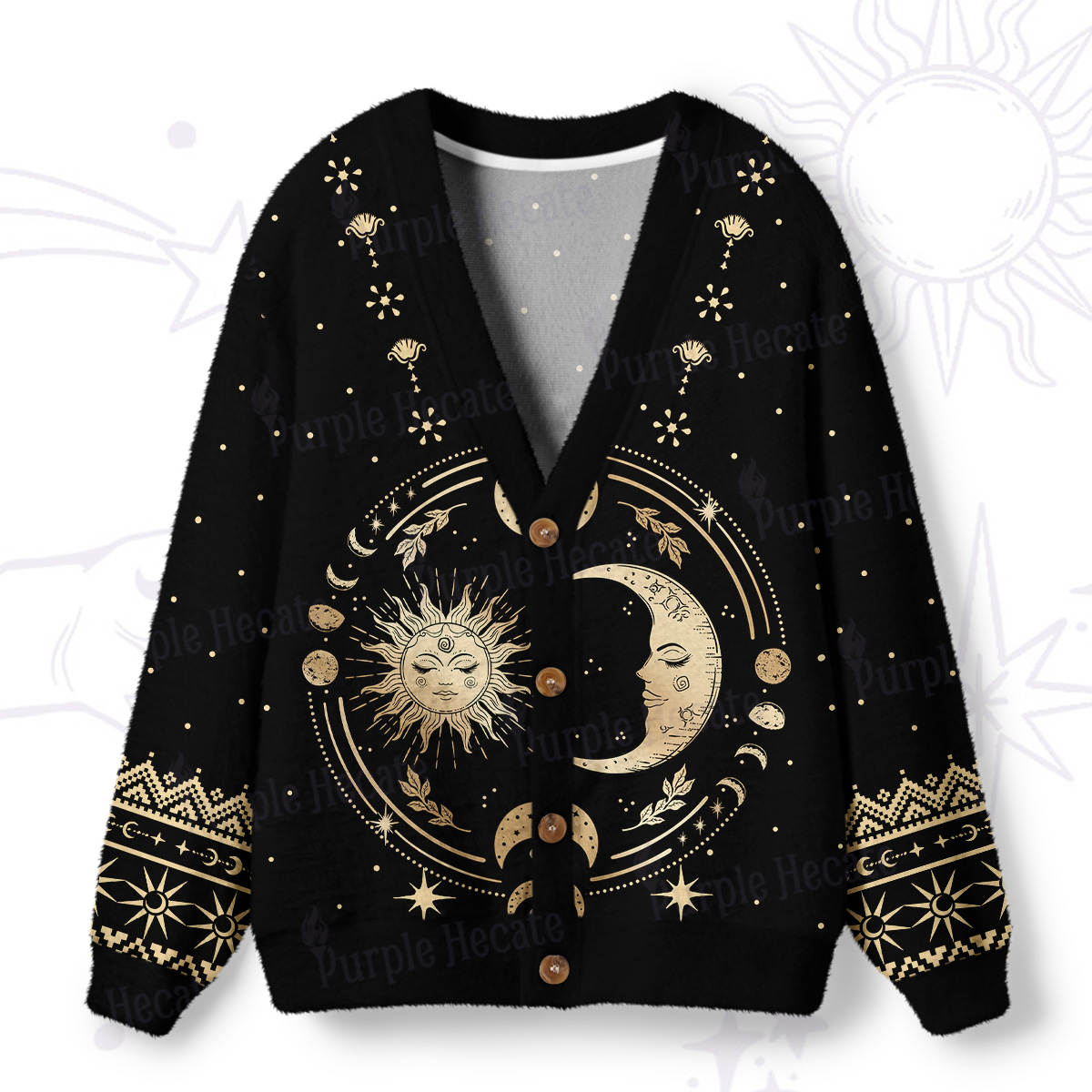 Purplehecate Celestial Sun and Moon Ugly Cardigan Sweaters