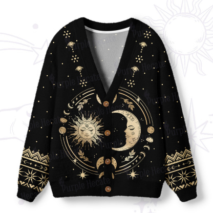 Purplehecate Celestial Sun and Moon Ugly Cardigan Sweaters