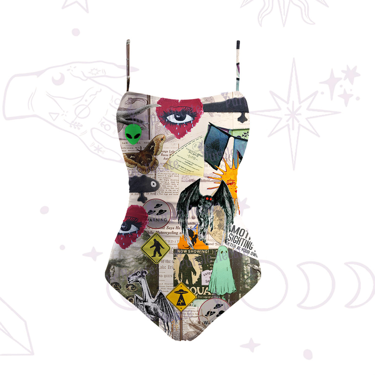 Purplehecate Cryptid Warning Collage Slim-Strap Swimsuit