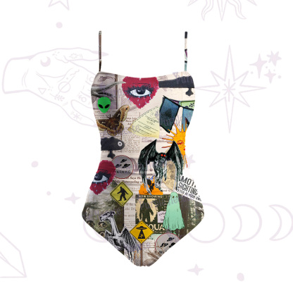 Purplehecate Cryptid Warning Collage Slim-Strap Swimsuit