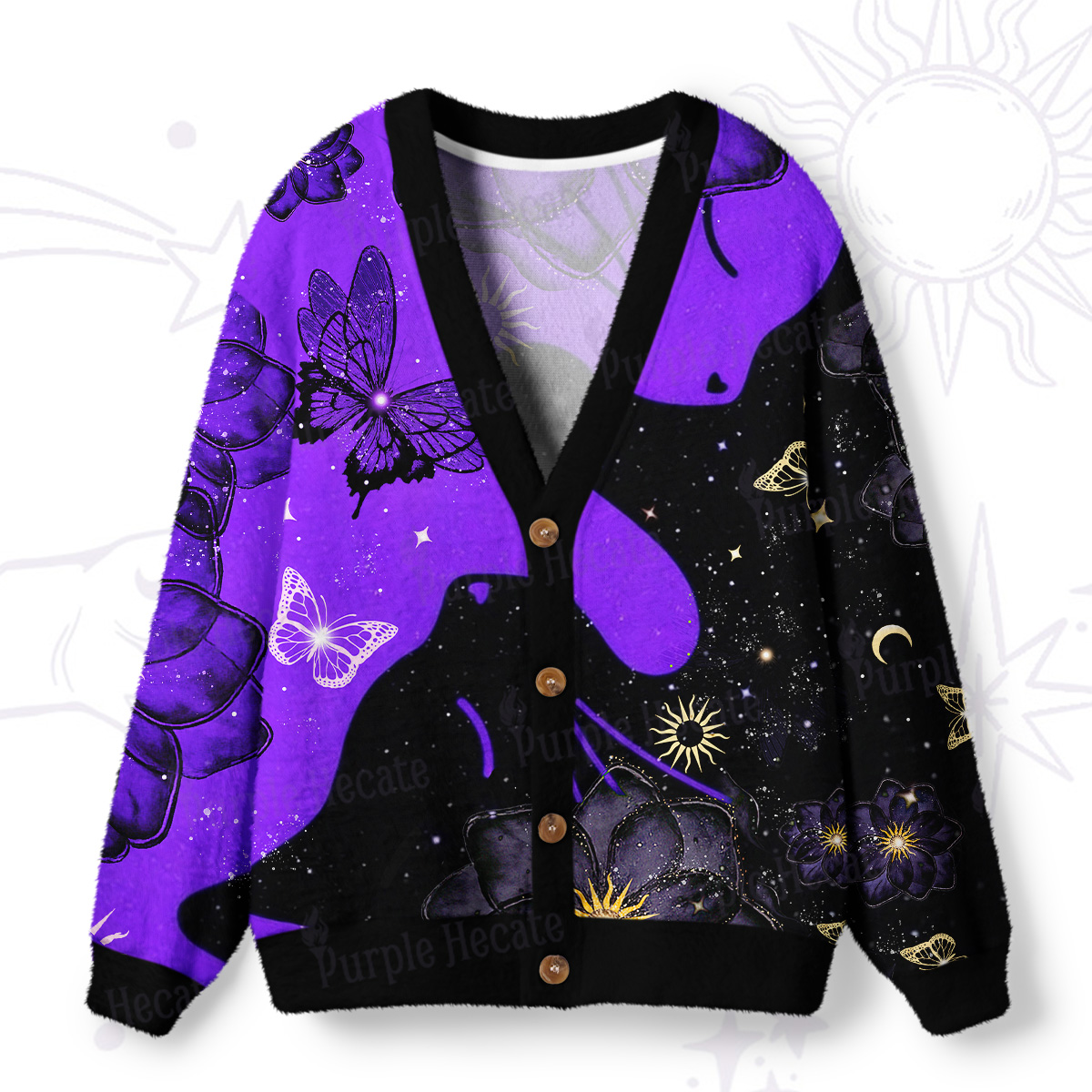 Purplehecate Starlit Cats & Butterflies Ugly Cardigan Sweaters