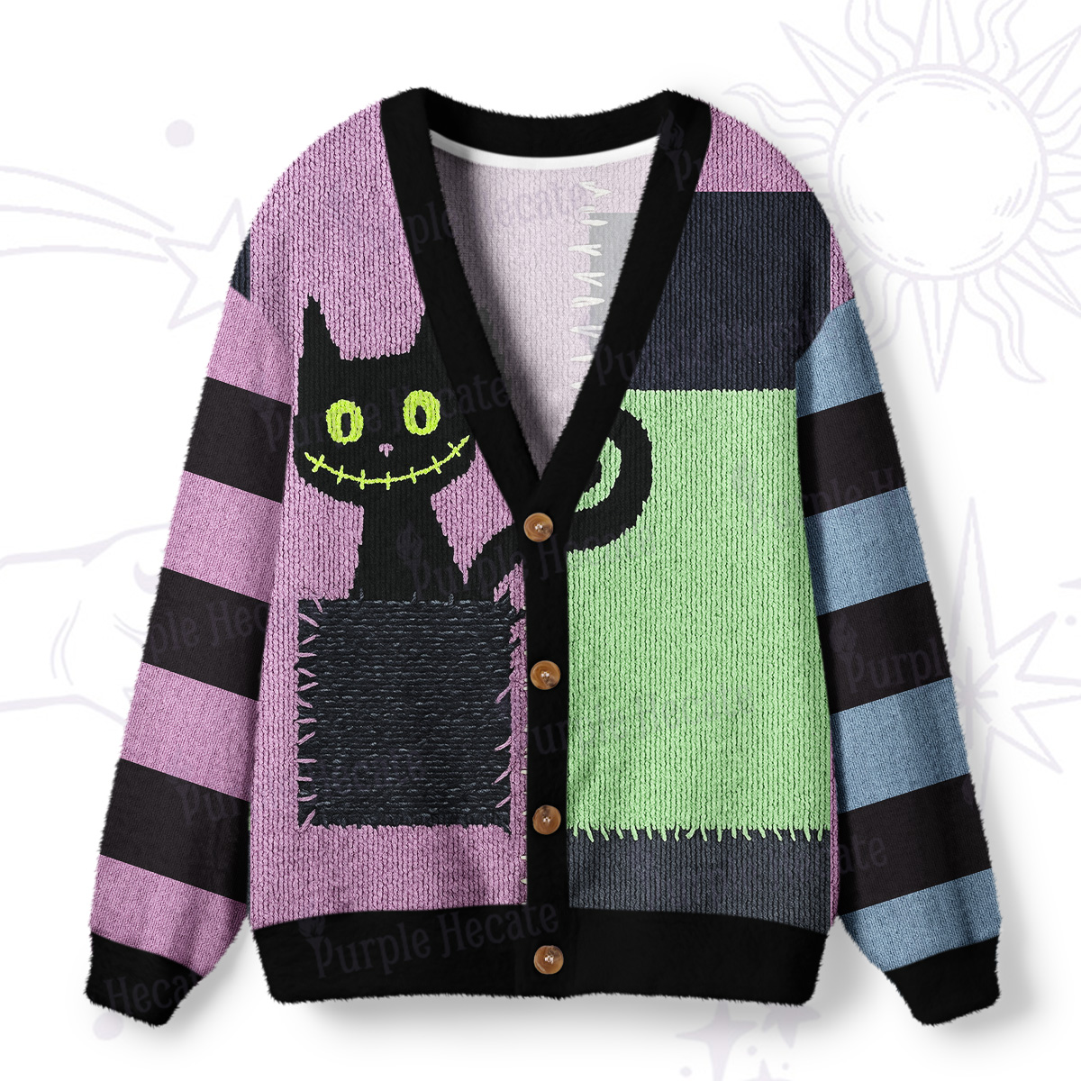 Purplehecate Monster Black Cat Ugly Cardigan Sweaters