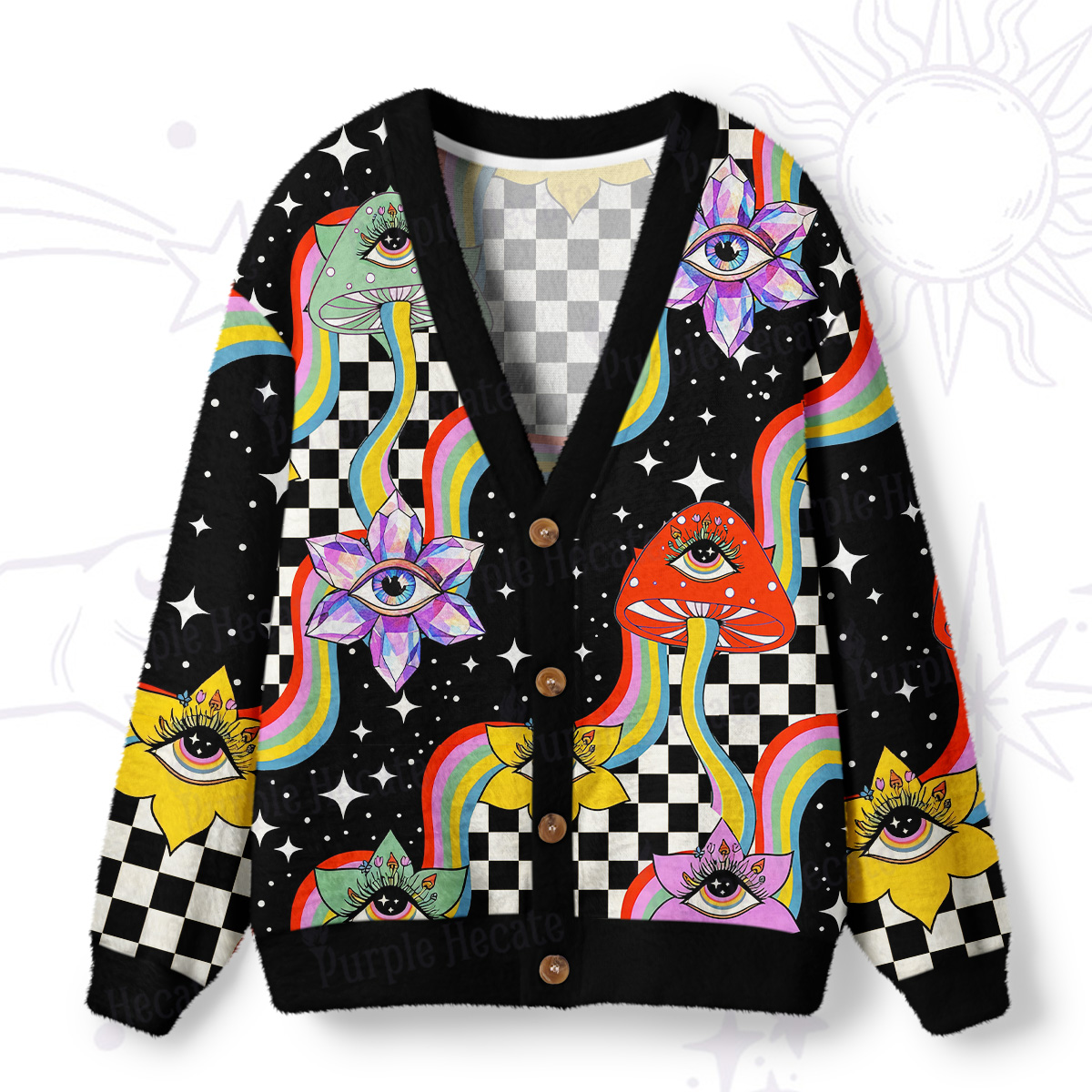 Purplehecate Enchanted Mushroom Eye Blossom Ugly Cardigan Sweaters