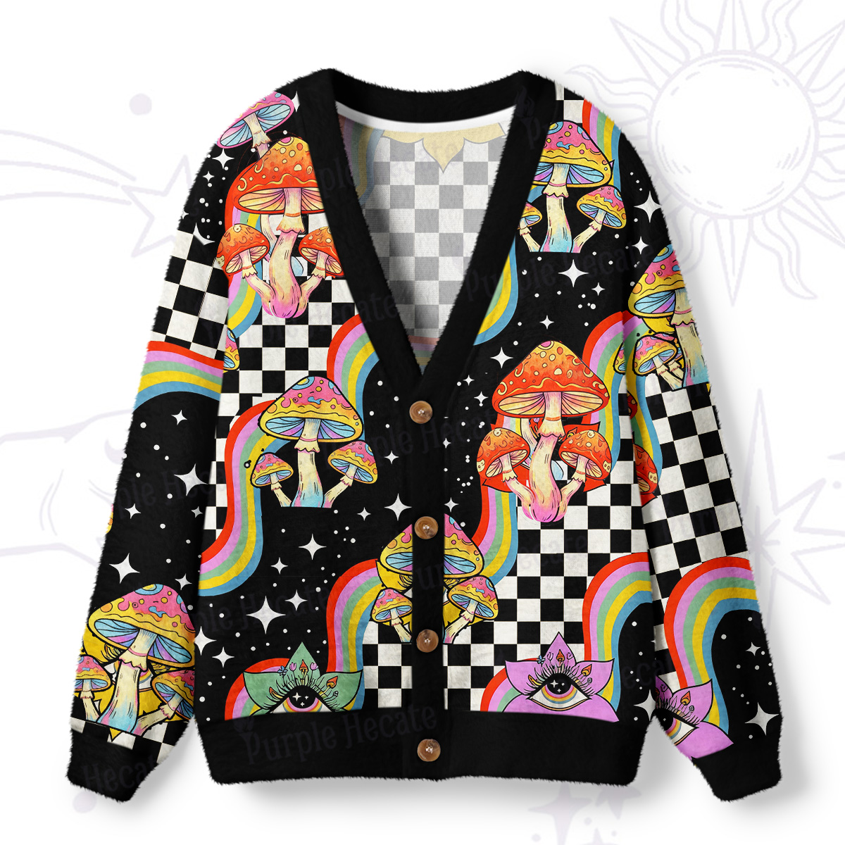 Purplehecate Trippy Rainbow Mushrooms Ugly Cardigan Sweaters