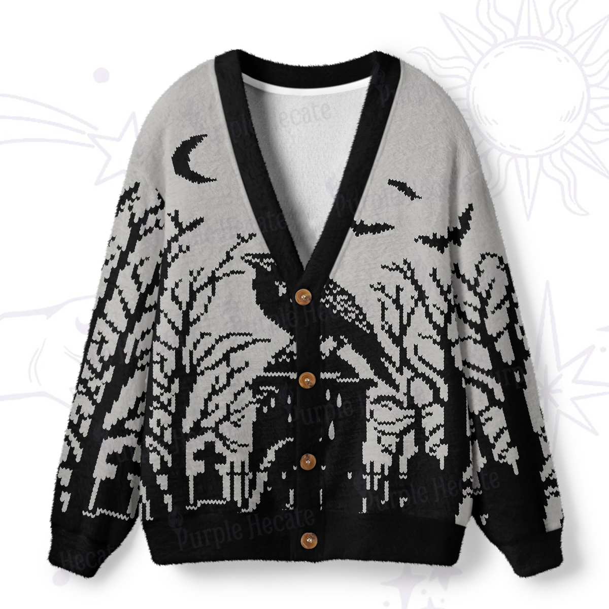 Purplehecate Ravens Over the Spooky Graveyard Ugly Cardigan Sweaters