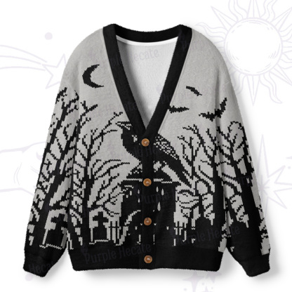 Purplehecate Ravens Over the Spooky Graveyard Ugly Cardigan Sweaters
