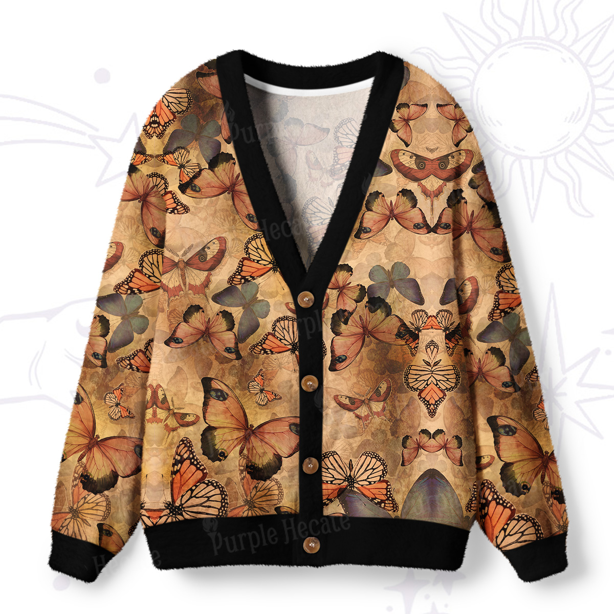 Purplehecate Monarch Butterfly Print Ugly Cardigan Sweaters