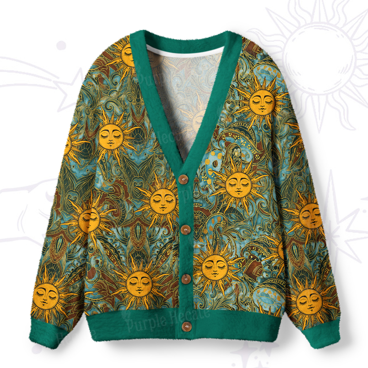 Purplehecate Golden Sun Wheel Ugly Cardigan Sweaters