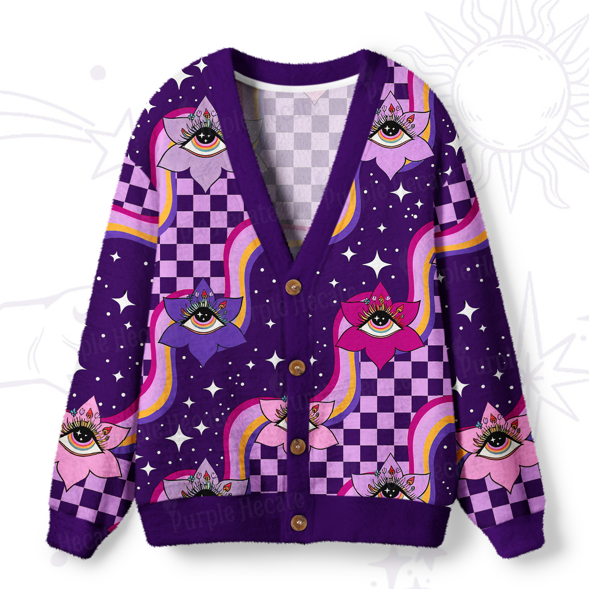 Purplehecate Trippy Eye Bloom Ugly Cardigan Sweaters