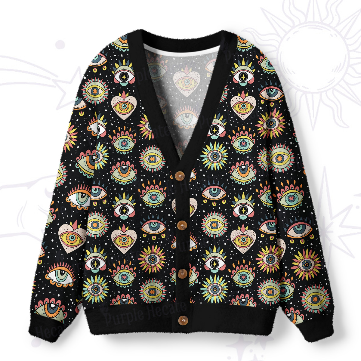 Purplehecate Mystical Evil Eye Pattern Ugly Cardigan Sweaters