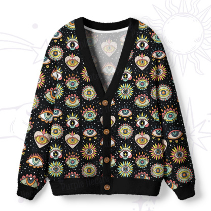 Purplehecate Mystical Evil Eye Pattern Ugly Cardigan Sweaters