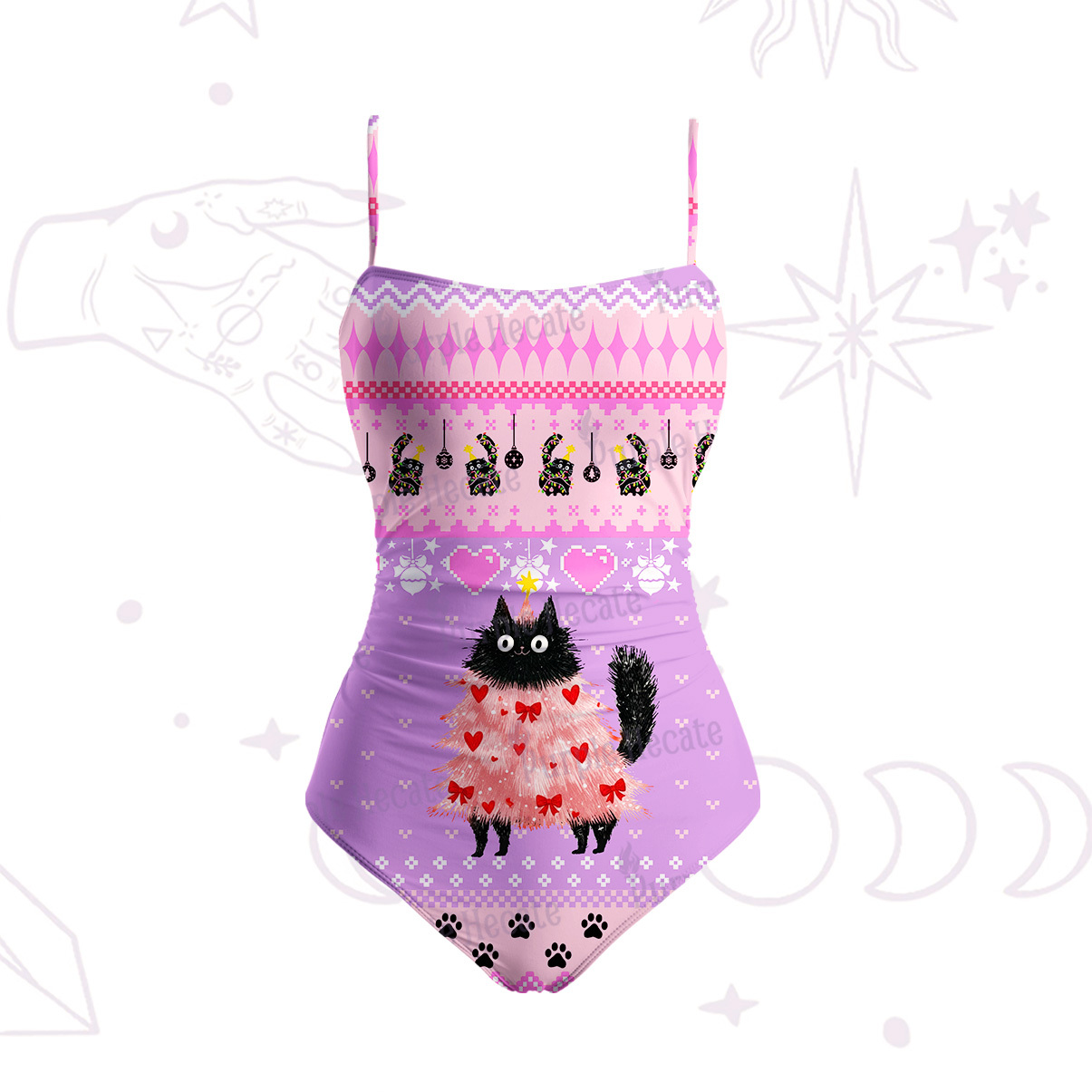 Purplehecate Funny Black Cat in Tree Slim-Strap Swimsuit