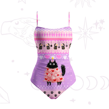 Purplehecate Funny Black Cat in Tree Slim-Strap Swimsuit