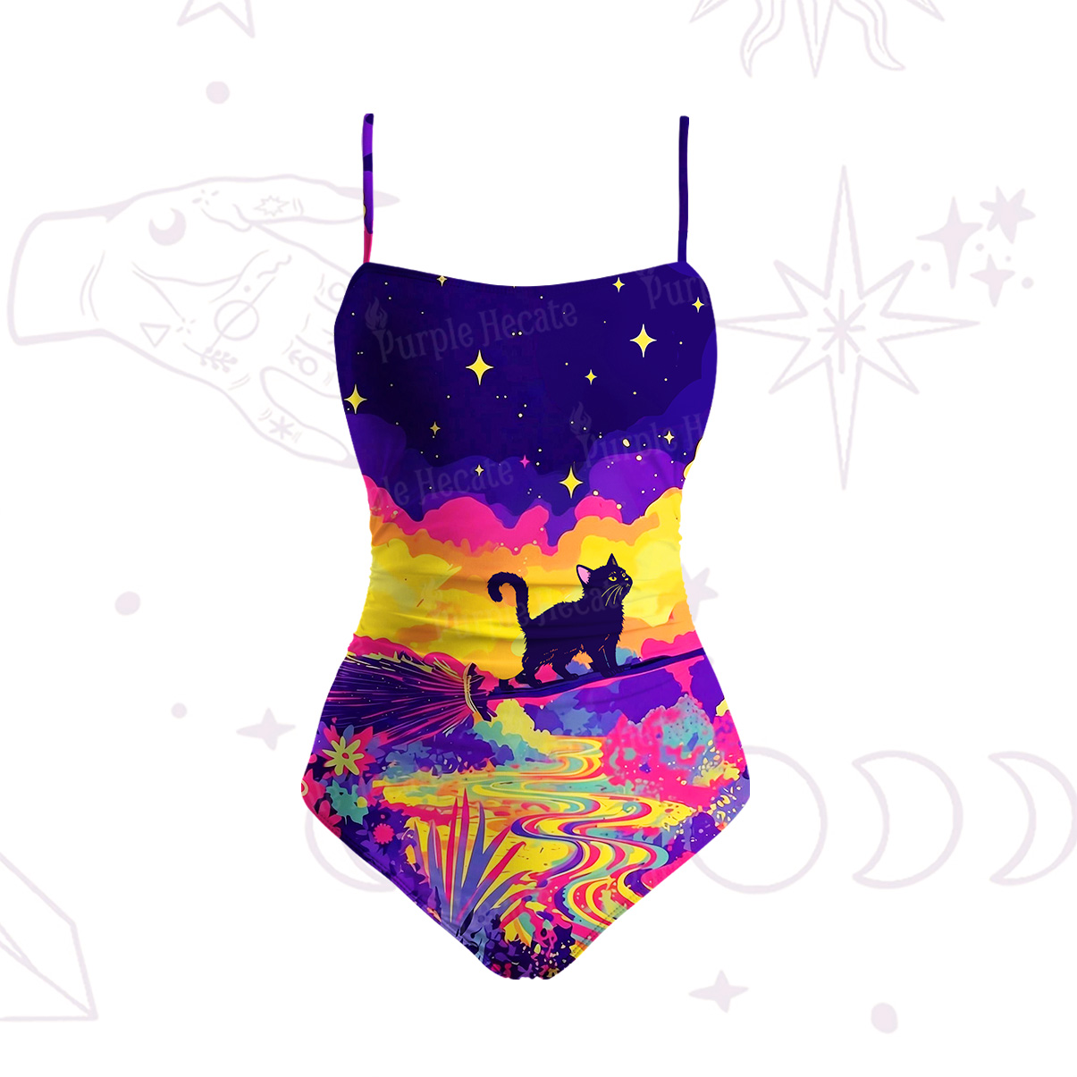 Purplehecate Midnight Cosmic Cat Fantasy Slim-Strap Swimsuit
