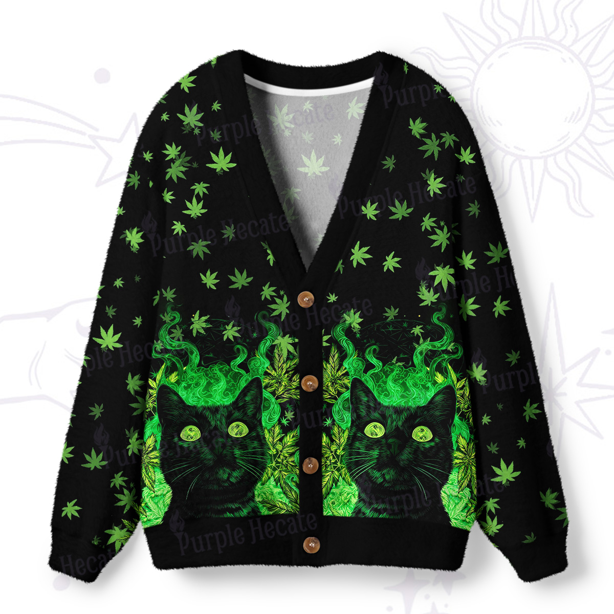 Purplehecate Trippy Glow Cat 420 Vibes Ugly Cardigan Sweaters