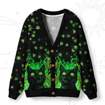 Purplehecate Trippy Glow Cat 420 Vibes Ugly Cardigan Sweaters