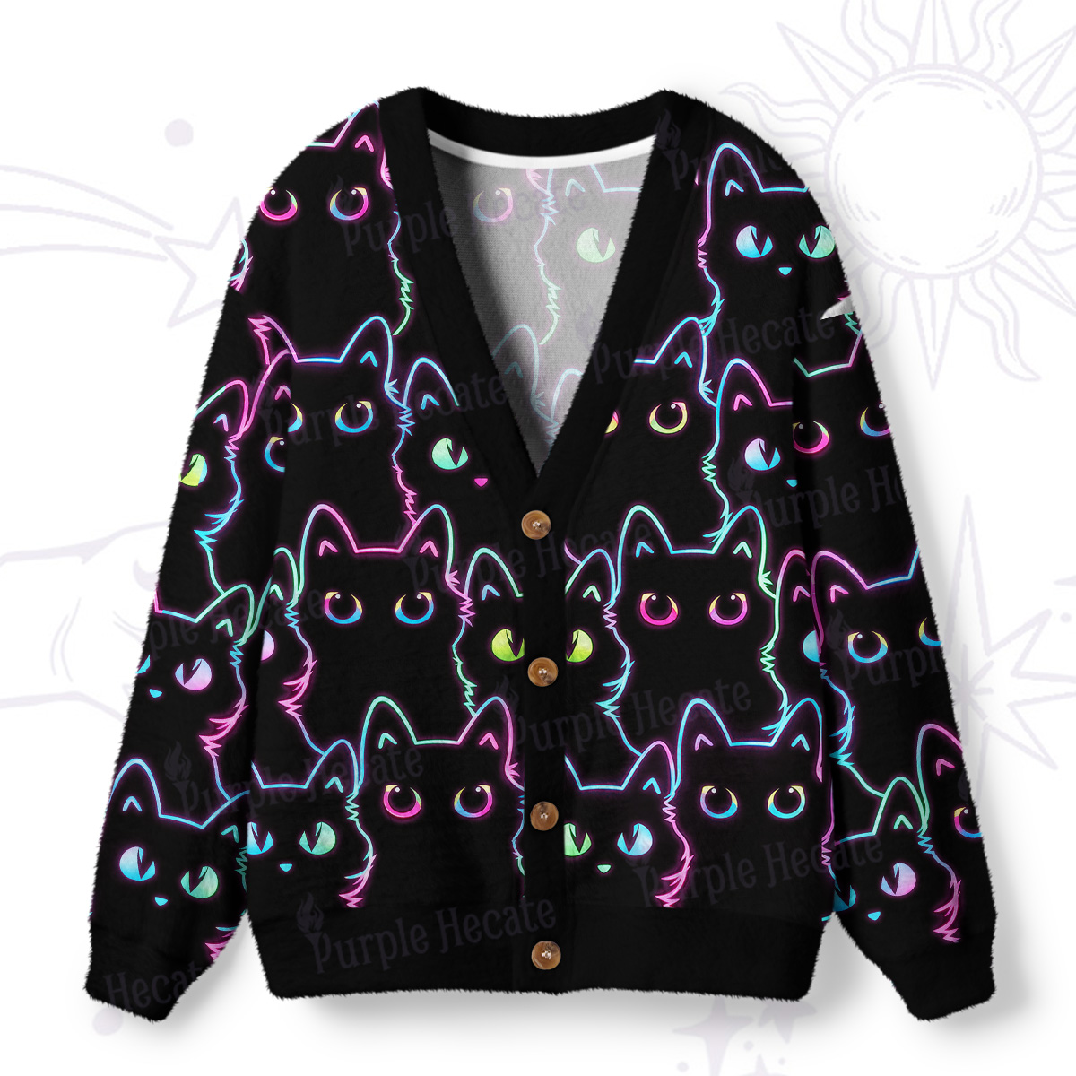 Purplehecate Neon Glow Stacked Cats Ugly Cardigan Sweaters