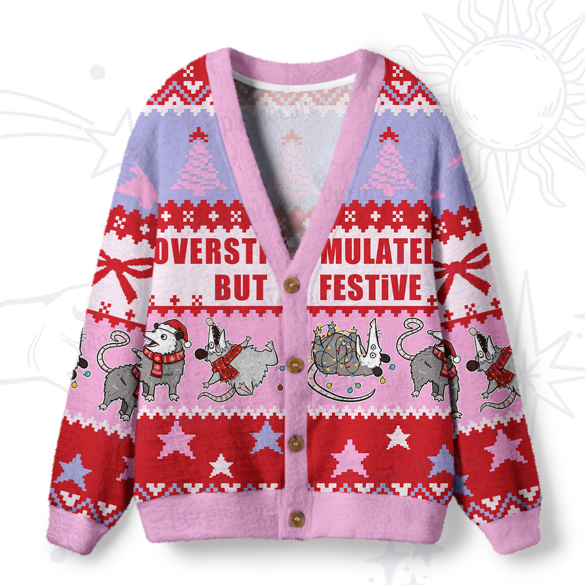 Purplehecate Overstimulated But Festive Possum Ugly Cardigan Sweaters