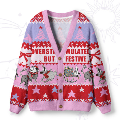 Purplehecate Overstimulated But Festive Possum Ugly Cardigan Sweaters