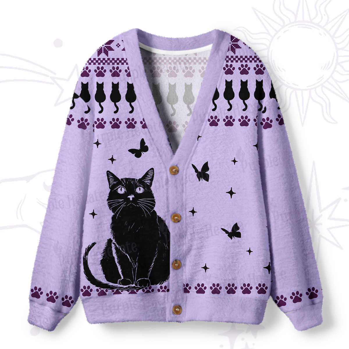 Purplehecate Midnight Pawprints Black Cat Ugly Cardigan Sweaters