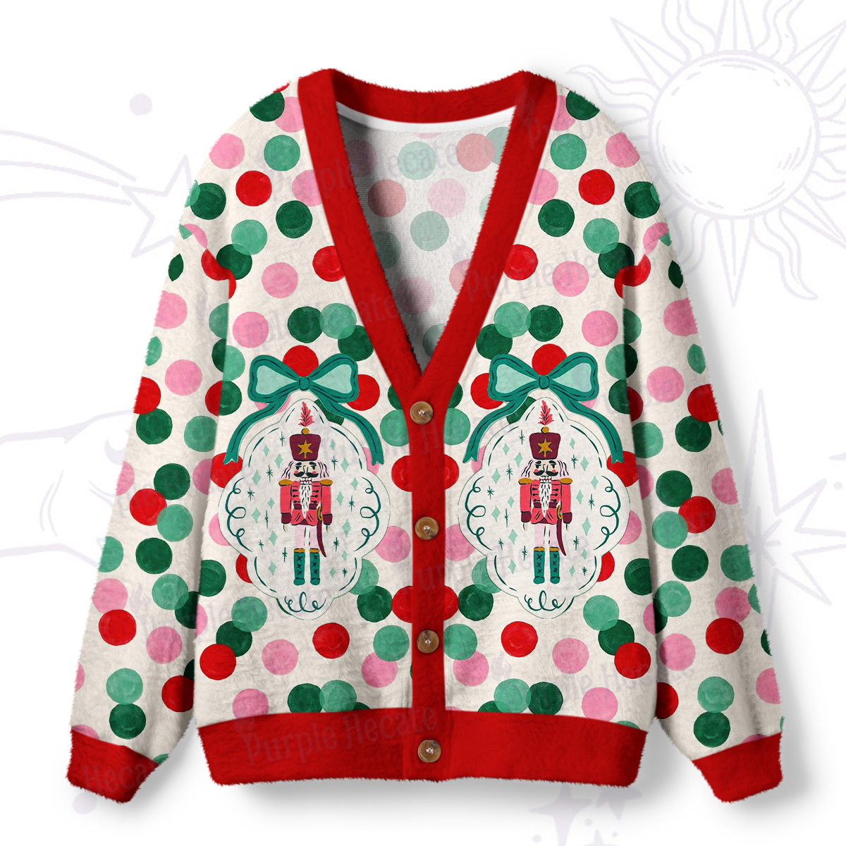 Purplehecate Candy Dot Nutcracker Christmas Ugly Cardigan Sweaters
