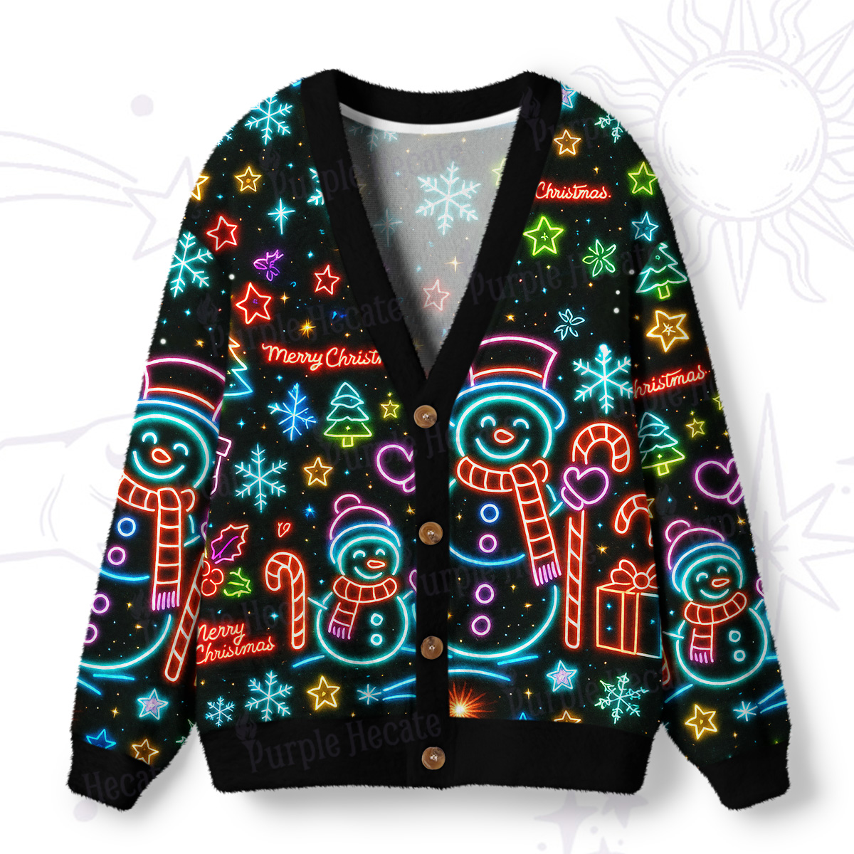 Purplehecate Neon Snowman Christmas Ugly Cardigan Sweaters